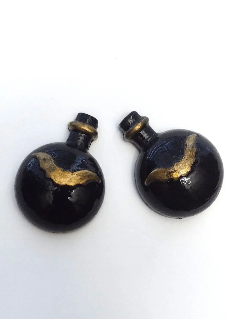 2 Black & Gold Gothic Halloween Bat Apothecary Bottles, Flat-back, Hand-cast